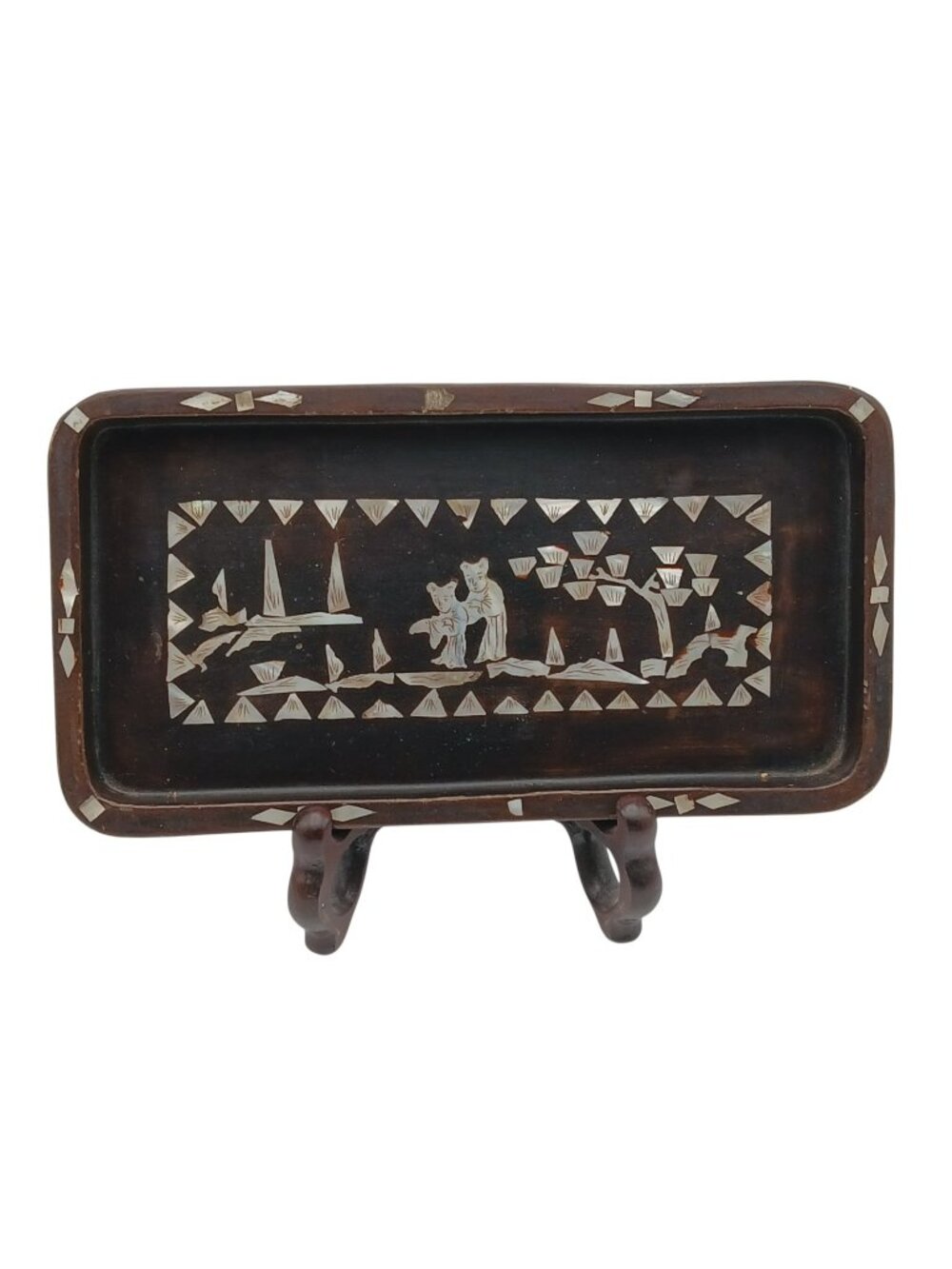 Antique Chinese Lacquer Wood Tray with Mother of Pearl Inlay Scenic 8.5x4.5